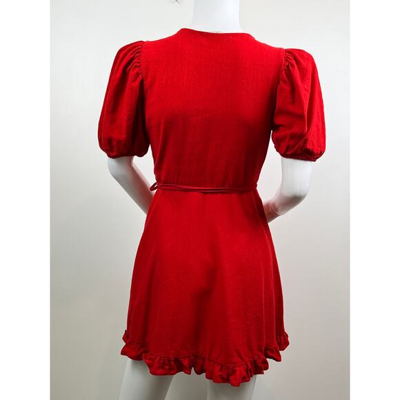 Women's Zara Red Lined Blend Wrap Puffed Sleeve Mini Dress Size XS - Picture 9 of 12